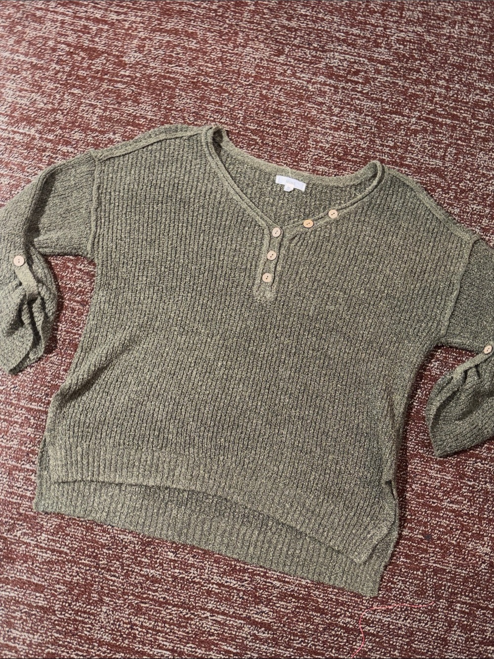 mine Olive Green Ribbed Henley Sweater boxy slouchy lightweight soft cozy casual